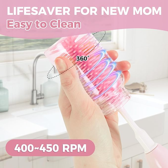Electric Bottle Brush Cleaner,Rechargable Electric Baby Bottle Brush Cleaner with Thermometer,Silicone Bottle/Nipple/Straw Brush,Drying Rack,Travel Bottle Cleaner Kit for New Moms (Pink)