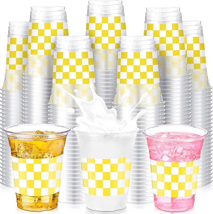 SiliFine 50 Pcs 12 oz Yellow Checkered Plastic Cups Clear Disposable Gingham Plaid Party Cups for Baby Shower, Dinner Birthday Baby Shower Wedding Party Decorations