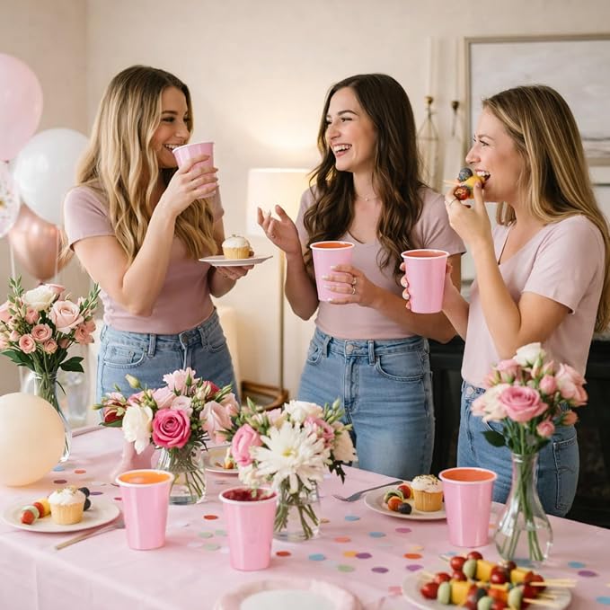 Sabary 100 Pack 12oz Plastic Cups Light Pink Wedding Heavy Duty Drinking Disposable Cups with Lines for Beverage Graduation Holiday Camping Barbecues Birthday Party Summer Outdoor Picnic