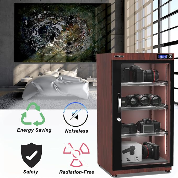 105L Dehumidifying Dry Cabinet Box, Wood grain Design Digital Control Noiseless and Energy Saving,4 layer for Camera Lens and Electronic Equipment Storage,Temperature Humidity LED Dual Screen