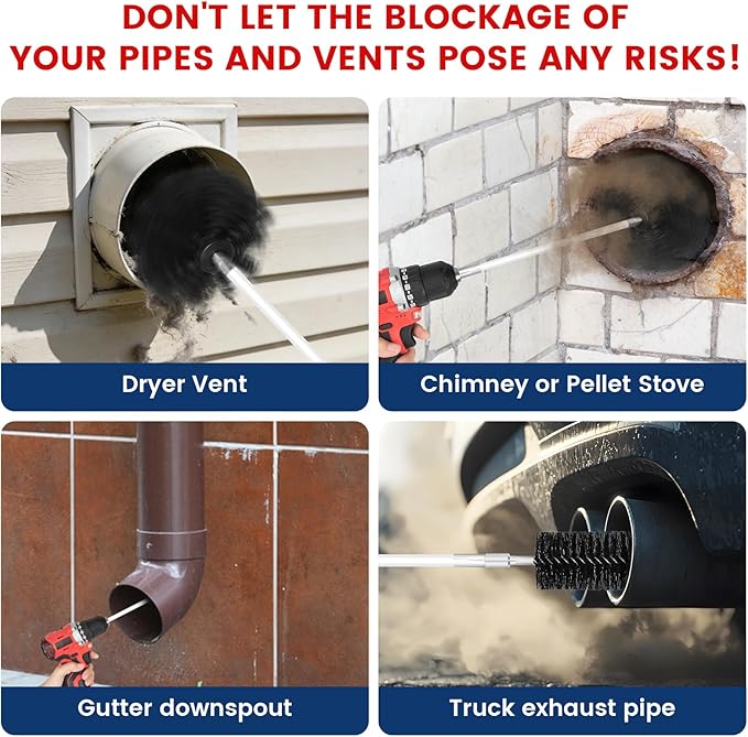HOKLNUSE Dryer Vent Cleaner Kit Ducts Cleaning Kit for Dryer Air Duct HVAC Vent Fireplace Chimney Pellet Stove Gutter Downspout Dryer Vent Lint Removers with 1.5" 4" 6" Brush Heads (20 Feet)