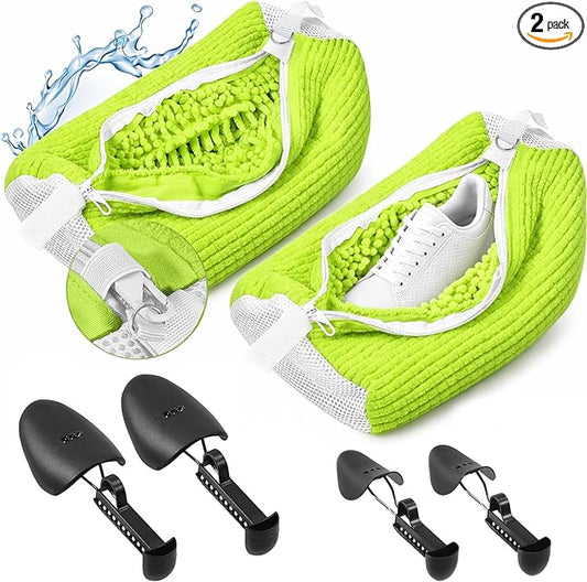 2 Pcs Shoe Washing Machine Bags with 4 Adjustable Shoe Trees, XXL Laundry Bags for Washer and Dryer, Sturdy Zipper with Hook Design, Reusable Cleaning Bag for Sneaker, Tennis (Green)