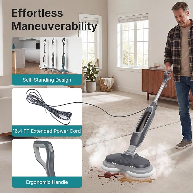 OLIXIS Steam Mop, All-in-One Scrubbing Steam Mops for Floor Cleaning with Rotating Pads, Floor Steamer with 2 LED Lights, 4 Cleaning Modes, Swivel Steering, 16.4 FT Cord, Safe for Hardwood and Tile