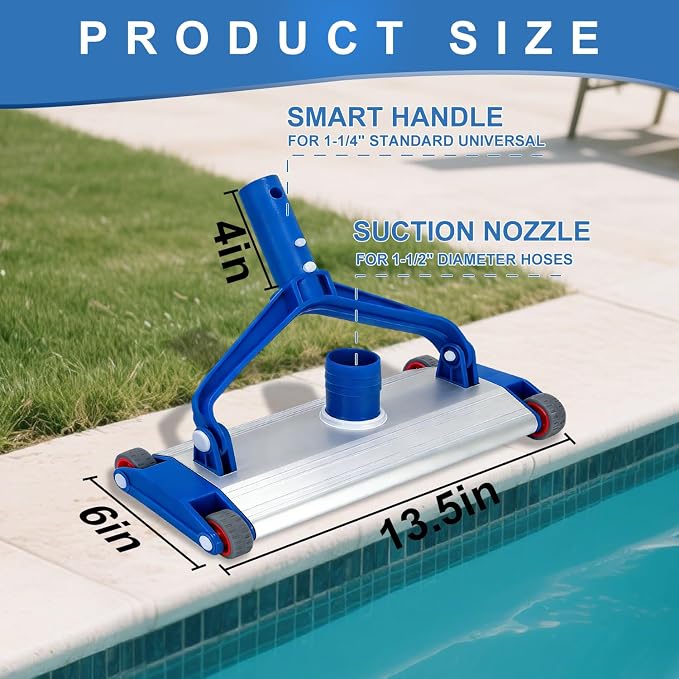 Heavy Duty Pool Vacuum Head, 13.5" Aluminum Body, Fit for 1.5" Hose, Weighted Pool Vac Cleaner for Deep Cleaning on All Surfaces for Inground Pools & Above Ground Pool, Vinyl Liner Floor, Step, Corner