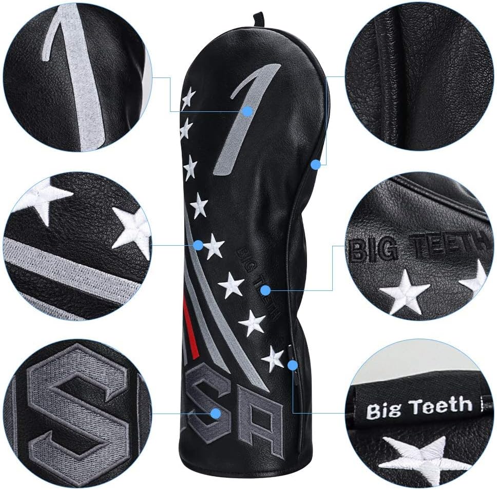 Big Teeth Golf Cover USA Stripe and Star Headcover Covers, Driver Fairway Wood Hybrid Headcovers Fits Blade Mallet Putter Iron and Woods with Magnetic Club Protector Pu Leather Golf Accessories