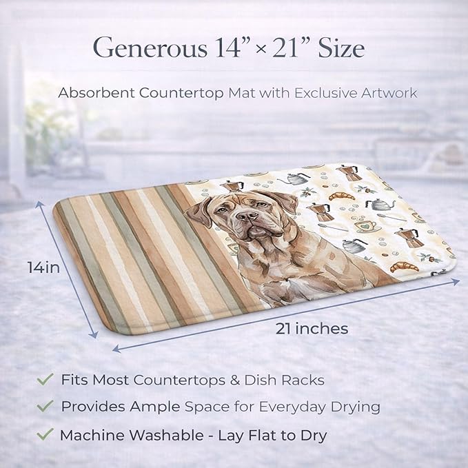 Caroline's Treasures Isabella Dogue de Bordeaux Coffee Bar Dish Drying Mat Absorbent Dish Drying Mat Pad for Kitchen Counter Dish Drainer Mat for Countertop, 14 x 21", Multicolor