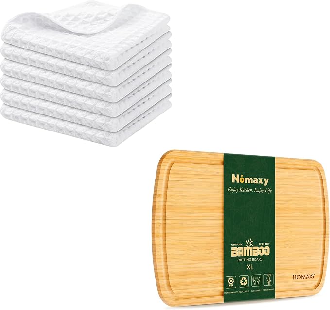 Homaxy Kitchen Towels Set, 12 x 12 inches, Set of 6 Bulk Ultra Soft Absorbent Dish Towels for Washing Dishes and Extra Large Bamboo Cutting Board for Kitchen, 18 x12.5 Wood XL Cutting Board