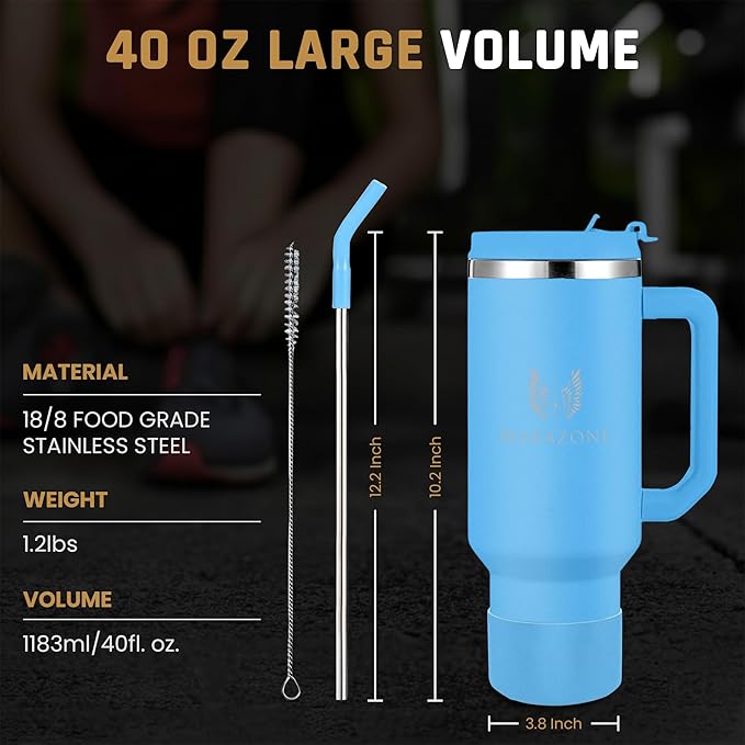 MARAZONE 40oz Stainless Steel Travel Tumbler with Handle, Three-Position Lid, Straw with Silicone Tip, Vacuum Insulated Water Bottle for Hot & Cold Drinks, Great Gifts for Mom, Sky Blue
