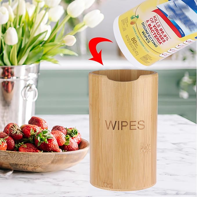 Kokone Bamboo Wipes Dispenser Compatible for Clorox Lysol, Farmhouse Wipes Canister Holder Cleaning Wipe Dispenser Container, Decorative Bamboo Wipes Dispenser Keeper for Kitchen Bathroom Office