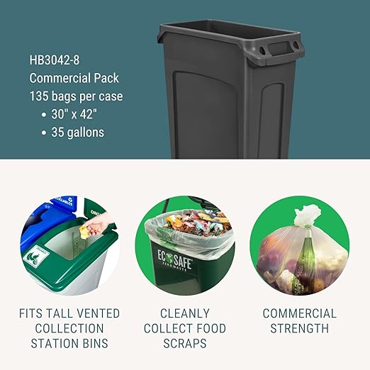 EcoSafe-6400 HB3042-8 Certified Compostable Bag - 30x42” Green Bags for 35 Gallon Bin - Extra Strong Leak, Puncture and Tear Resistant Food Scraps Bin Liners, Pack of 135