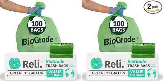 Reli. Biodegradable 13 Gallon Trash Bags | 100 Count | ASTM D6954 | Green | Eco-Friendly | Oxobiodegradable Under Certain Conditions (See Product Description) (Pack of 2)