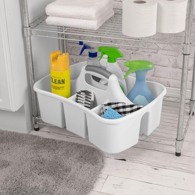 Sterilite Divided Ultra Caddy, Plastic, Portable Storage to Hold Bathroom and Cleaning Supplies, 4 Large Compartments and Handle, White, 18-Pack
