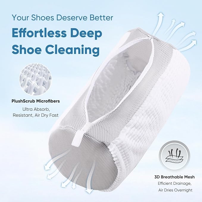 2PCS XXL Shoe Washing Machine Bag with Adjustable Shoes Trees - Heavy Duty Reusable Shoe Laundry Bag for Washer and Dryer - 360° Deep Clean & Protect Chenille Microfiber Sneakers Wash Bags - White