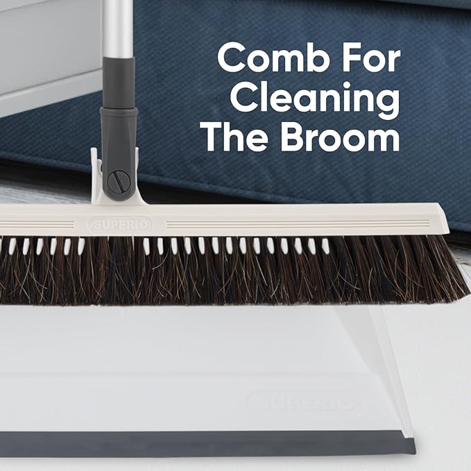 Superio 18" Horse Hair Upright Broom and 16" Dustpan with Comb – Narrow Thin Dust Broom for Dog Hair – Telescopic Handle – Floor Cleaning Set for Hardwood & Tile – Gray/White