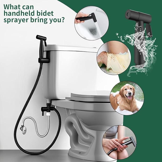 Matte Black Handheld Bidet Sprayer for Toilet, Solid Brass T-Valve & Stainless Steel Hose, Adjustable Pressure Cloth Diaper Sprayer Kit for Modern Bathroom (Easy Install)