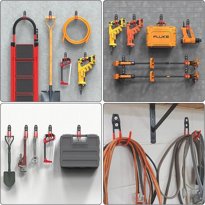 3-H Garage Wall Hooks 10 Pack,Garage Hooks Heavy Duty,Garage Storage Hooks for Hanging and Organizing Garden,Lawn,Yard Tools,Chairs,Ladders,Weed Eater,Shovel,Blower(Red)