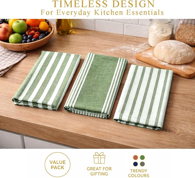 Pack of 6 Cotton Kitchen Towels Set, Dish Towels, Cleaning Rags, Kitchen Dish Cloths for Washing Dishes, Cotton Cleaning Cloths, Ultra Soft, Lightweight & Quick Dry, Slub Weave, 28" x 18" (Olive)