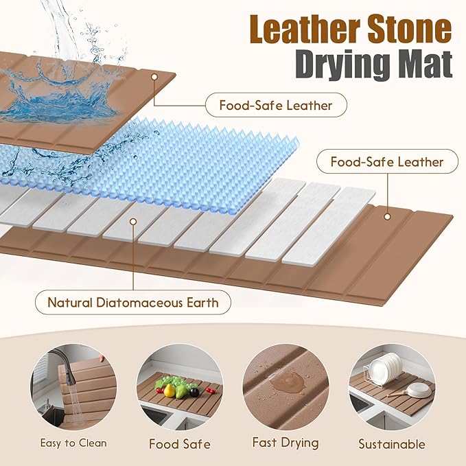 Dish Drying Mat，Stone Drying Mat for Kitchen Counter，Heat Resistant and Super Absorbent Foldable Bath mats,Made of Diatomaceous Earth and Leather.24.8"×15.7" Brown