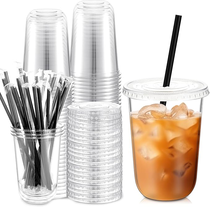 Ziliny 25 Set Clear Plastic Cups with Lids and Straws, Disposable Iced Coffee PET Cups for Drinking Cold Beverage Juice Parfait Smoothie Milkshake Coffee Shops Party Supplies (16 oz)
