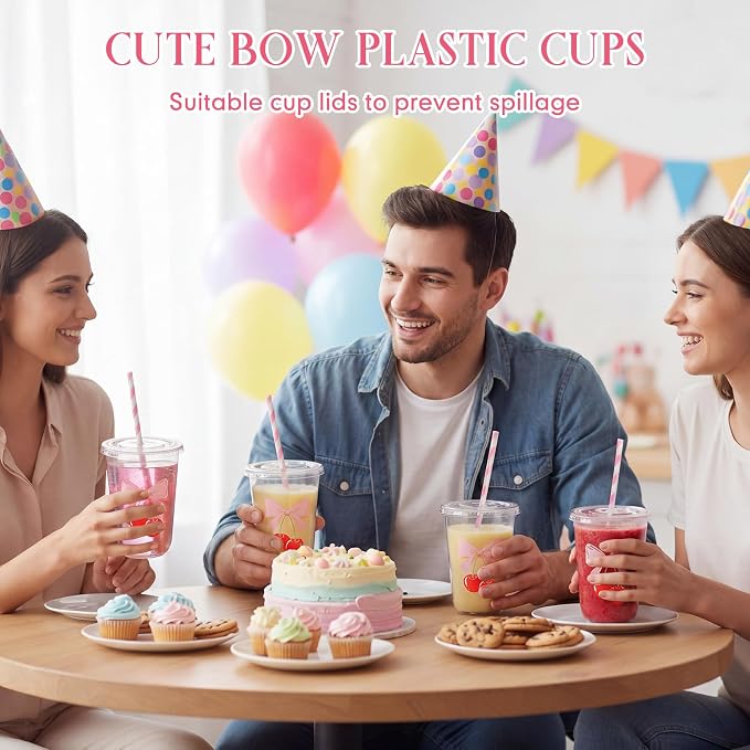 LemonRoad 50sets 16oz Pink Cherry Bow Cups Pink Birthday Party Decorations Supplies Cute Plastic Cups Disposable with Lids and Straws for Valentines Galentines Day Christmas Wedding Baby Shower