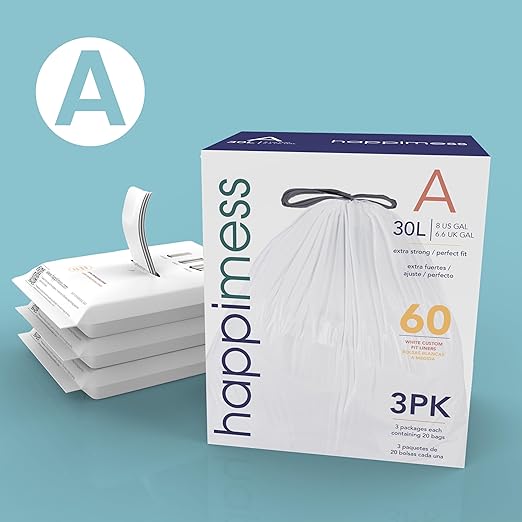 happimess 8 Gallon (30L) Drawstring Trash Bags, Unscented, White, Heavy Duty LDPE Liners for Kitchen and Household, Custom Fit 80 Count (4 Packs of 20 Liners) HPM3000A-W-4SET