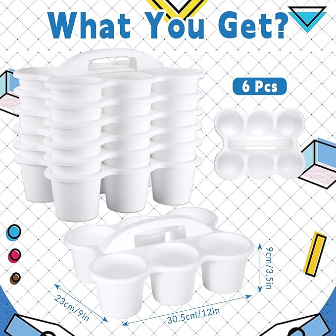 6 Pack Classroom Caddy with Handle Plastic Storage Caddy Organizer with 6 Compartments Drink Cup Caddies Holder Portable Storage Bin for Pencil, Crayon, Marker, Home, Office, School Supplies(White)