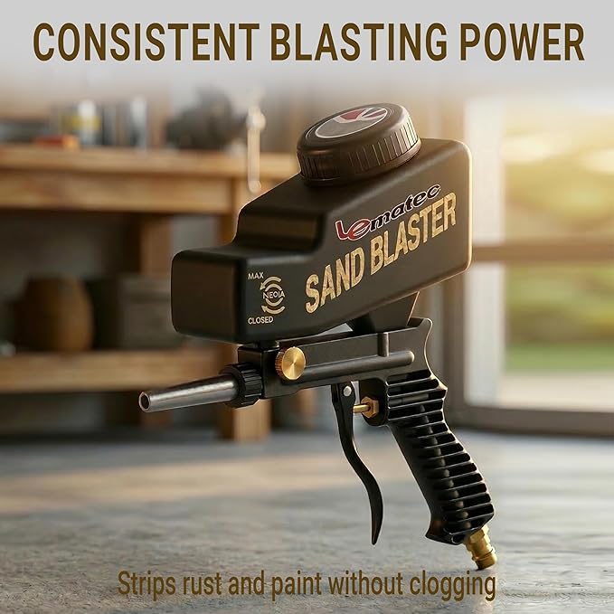 LE LEMATEC Portable Sand Blaster Gun Kit | Gravity Feed Air Tool for Rust Removal, Glass Etching & Paint Stripping | Requires 4 CFM @ 90 PSI Air Compressor - Sandblasting Steel Nozzle