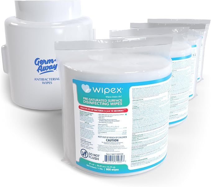 Wipex Gym Equipment Wipes Bundle - Includes 1 White Wall Mounted Dispenser & 4 Packs of 800 ct Disinfecting Wipes Refills, EPA Registered Surface Wipes, Sanitize in 15 Seconds