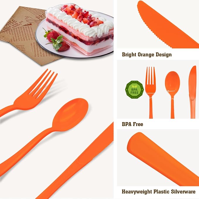 150 Pack Orange Plastic Silverware, Orange Plastic Cutlery Disposable Includes 50 Forks, 50 Spoons, 50 Knives for Birthday, Party, Holiday