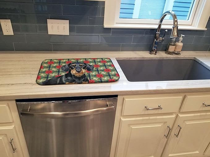 Caroline's Treasures Wirehaired Black and Tan Dachshund Christmas PoinsettIas Dish Drying Mat Absorbent Dish Drying Mat Pad for Kitchen Counter Dish Drainer Mat for Countertop, 14 x 21", Multicolor