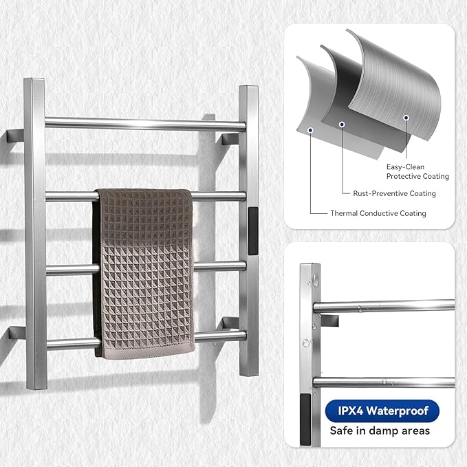 Heated Towel Racks for Bathroom, Hot Towel Warmer 4 Bars with 24hr Timer Stainless Steel Wall Mounted Electric Towel Warmers for Bathroom (Nickel, 4-Bar)