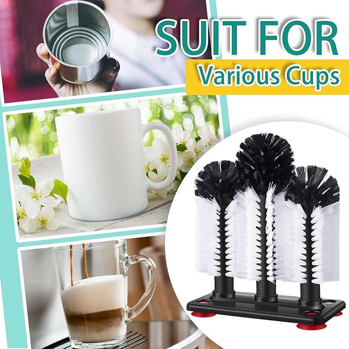 Havawish 1 Pack Water Bottle Cleaning Brush with Suction Base, 3 Head Bristle Bar Glass Washer for Sink, Washer Brush Cleaner for Bar Beer Cup, Wine Glass, Long Leg Cup Kitchen Tools