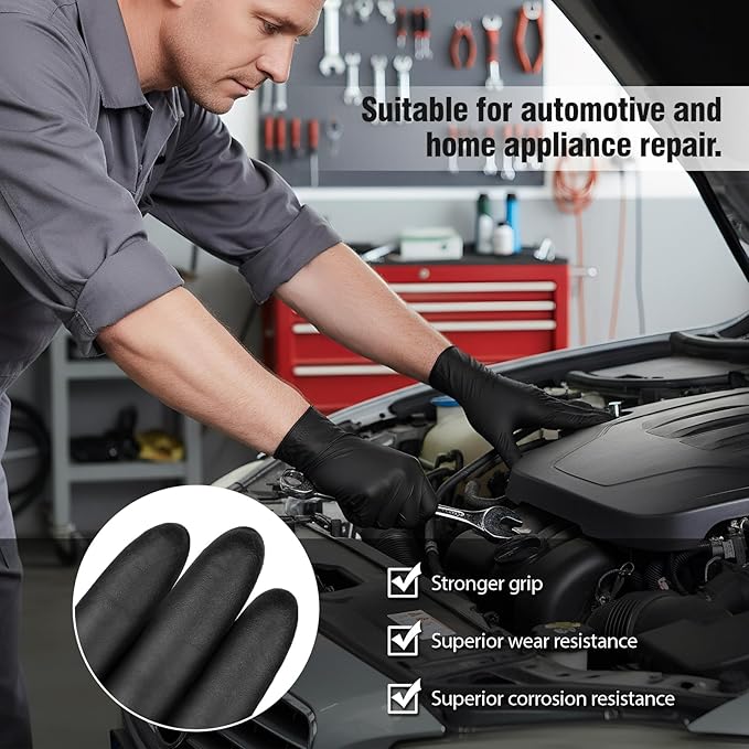 Black 6 Mil Nitrile Gloves HEAVY DUTY Disposable Chemical Resistant Latex & Powder Free,Food, Mechanic,Cleaning Gloves