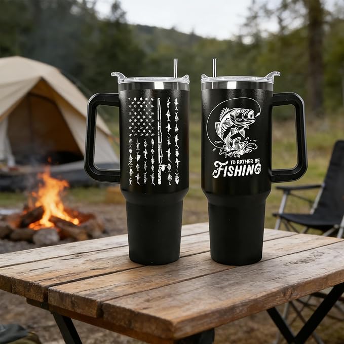 Ceovfoi 40 oz Black Stainless Steel Tumbler With Handle, Fishing Gifts for Men, American Flag Patriotic Cup