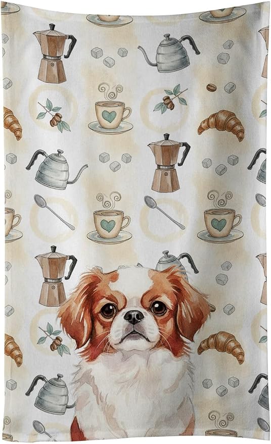 Caroline's Treasures Red and White Japanese Chin Coffee Bar Kitchen Towel Velour Plush Front and Cotton Loop Back Machine Washable