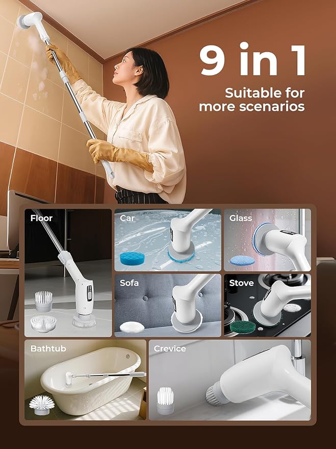 Electric Spin Scrubber and Crevice Cleaning Brushes Kit - Cordless Power Scrubber with 9 Brush Heads, 3 Speeds, Extension Handle & Tight Space Scrubber for Shower, Bathtub, Tile, Kitchen, Window Track
