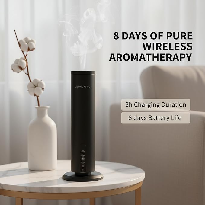 Waterless Nebulizing Essential Oil Diffuser – Wireless Rechargeable Bluetooth App Control – Cold Air Aromatherapy Scent Machine for Large Rooms, Home, Office & Spa – Quiet & Portable, Black