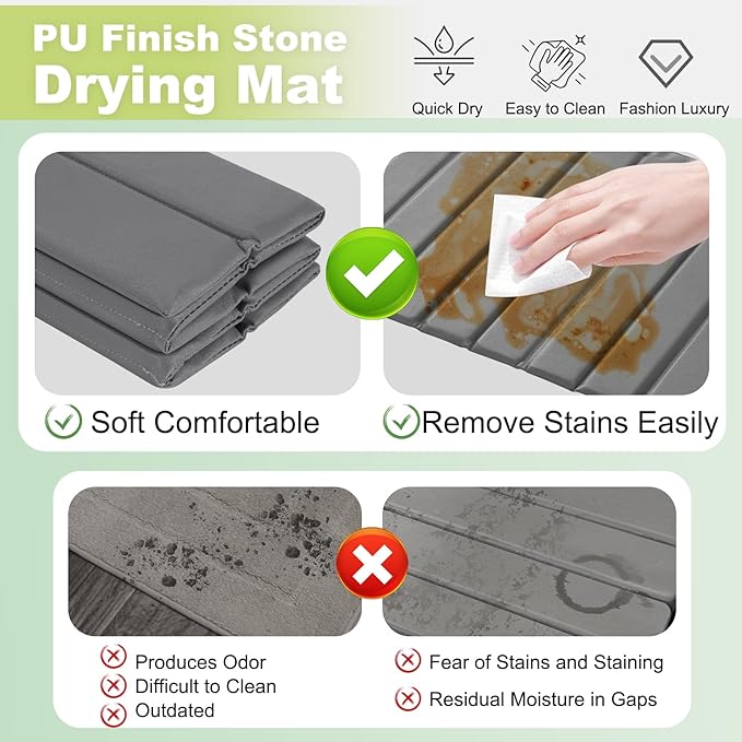 Oxydrily Large Stone Drying Mat for Kitchen Counter, Ultra Absorbent Diatomaceous Earth Mat with PU Leather Cover Fast Drying Collapsible, Dish Mats for Dishes Buttles Cups Countertop Gray 23.6"x15.3"