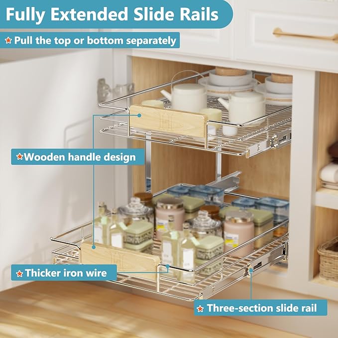 LOVMOR 2 Tier Pull Out Cabinet Organizer 16½" W x 21½" D, Slide Out Drawers with Wooden Handle, Sliding Shelves Organization and Storage for Kitchen, Pantry