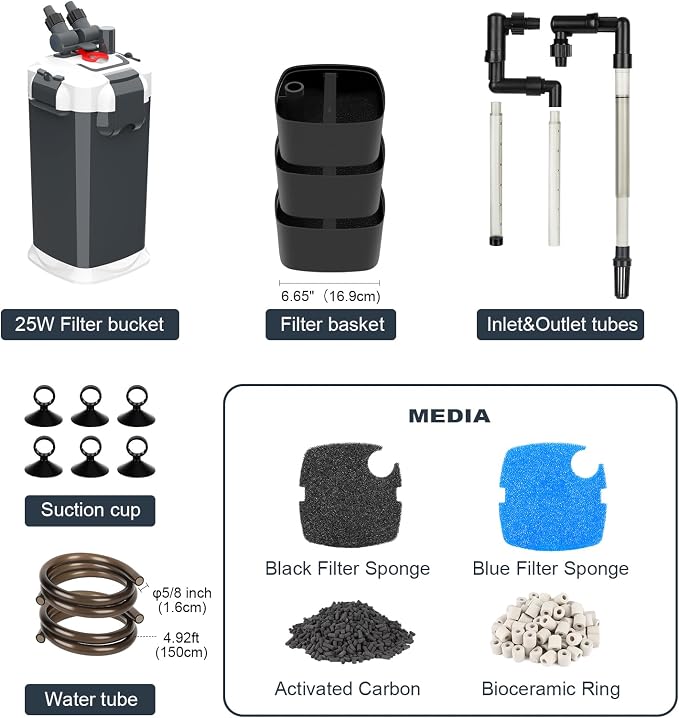 fishkeeper 390GPH Canister Filter, 3-Stage Filtration Aquarium Filter with Quartz Balls and Filter Cotton, Ultra-Quiet External Aquarium Canister Filter for Freshwater and Saltwater up to 100Gal (25W)