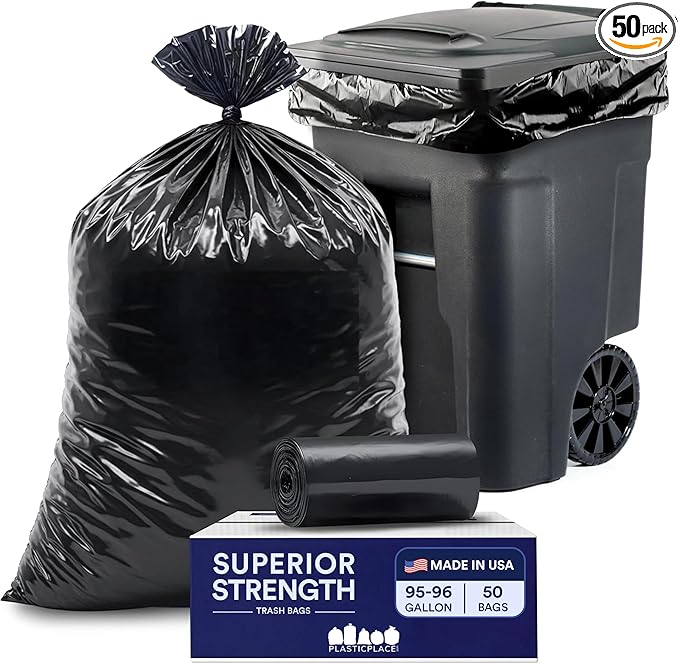 Plasticplace 95-96 Gallon Trash Bags │ 2.0 Mil │ Black Heavy Duty Garbage Can Liners │ 61” x 68” (50 Count)