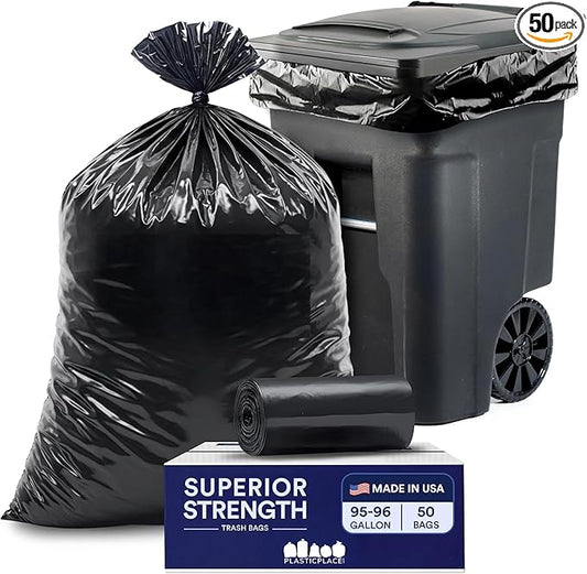Plasticplace 95-96 Gallon Trash Bags │ 2.0 Mil │ Black Heavy Duty Garbage Can Liners │ 61” x 68” (50 Count)