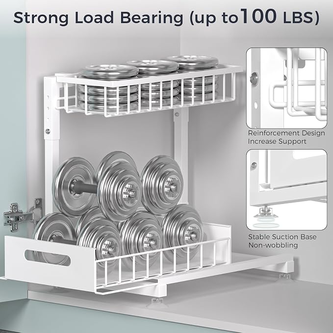 L-Shaped Under Sink Organizer, 2 Pack 2-Tier Pull Out Metal Kitchen Cabinet Organizer with Sliding Storage Drawer, Height Adjustable Heavy Duty Under Bathroom Sink Storage for Cleaning Supplies
