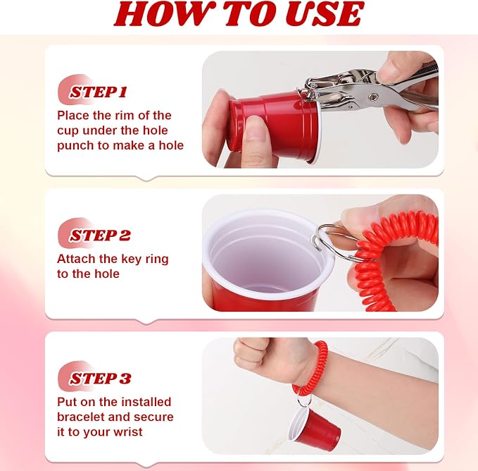 50 Pcs Red Stretchable Wristband for Shot Cups Wrist Coil Keychain with Hole Puncher Plastic Wristlet Keychain Kit for Shot Tasting Glasses Sports Game Party Supplies