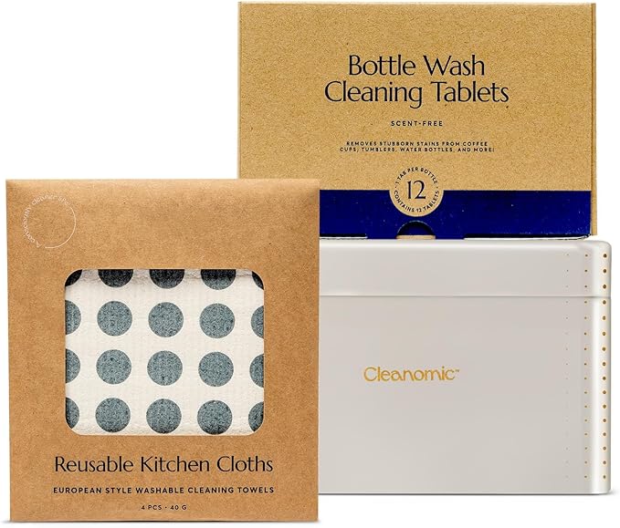 CLEANOMIC Reusable Kitchen Cloth, Bottle Wash Cleaner Tablets & Tablet Tin Bundle