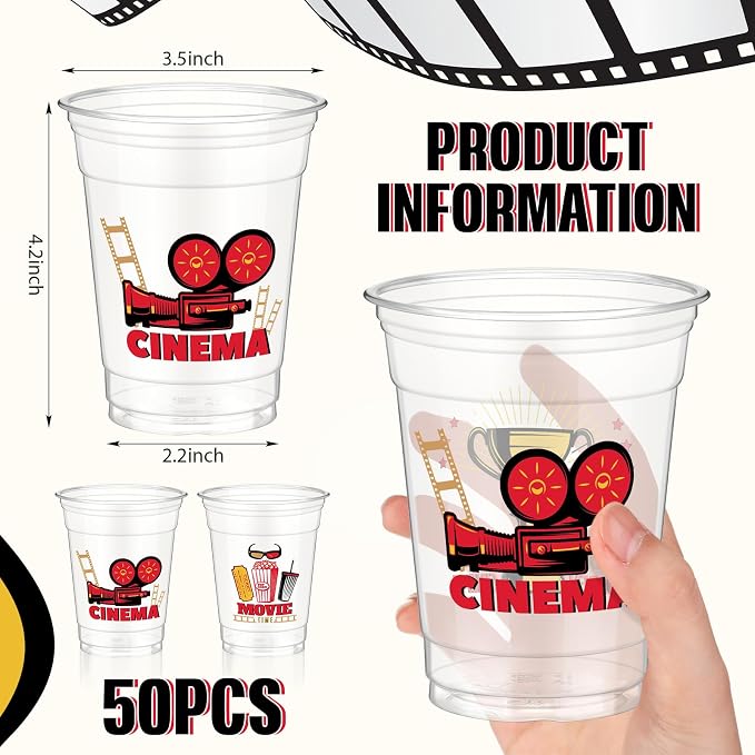 Pickmesh 50 Pcs Movie Night Theme Party Decorations Movie Night Plastic Cups Party Supplies 12 oz Thick Clear Disposable Drinkware Cups Retro Music Supplies