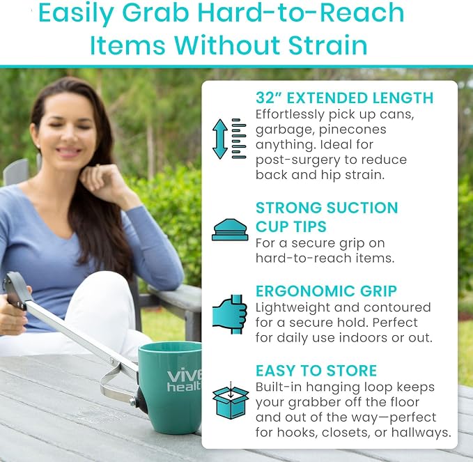 Vive Suction Cup Grabber Reacher 32" - Elderly Grab It Reaching Pickup Tool Heavy Duty for Seniors - Trash, Sticks, Litter Picker Upper - Extra Long Reach Handle & Handy Extension Arm Claw