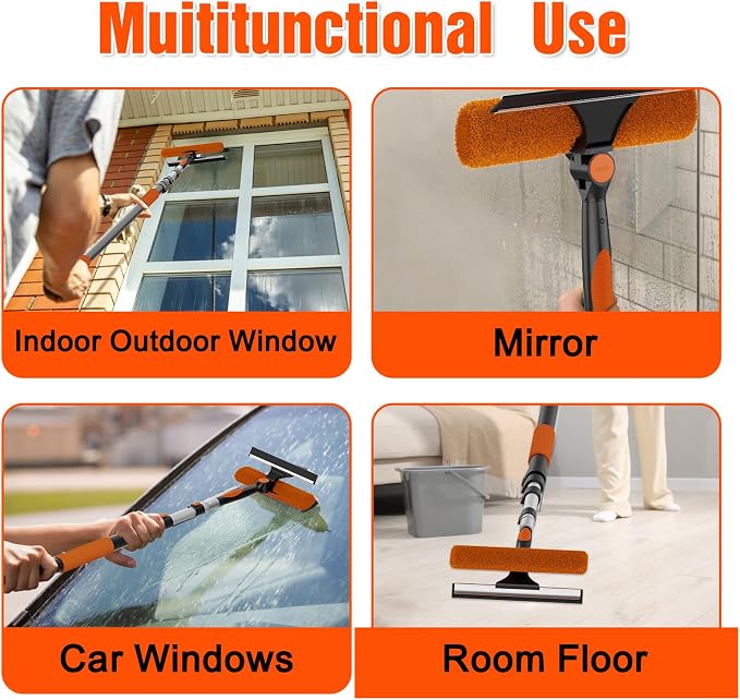 Window Squeegee Kit with Extension Pole, 2-in-1 Professional Washer for High Windows, 3-12FT Adjustable Reach, Rotatable Head for Indoor & Outdoor Use, Streak-Free Cleaning Tool for Home