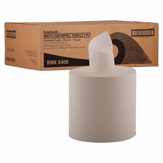 Boardwalk B6400 7.87 in. x 10 in. 2-Ply Perforated Center-Pull Hand Towels - White (6/Carton) & BWK410321 7.6 in. x 8.9 in. 2 Ply Center-Pull Roll Towels - White (6/Carton)