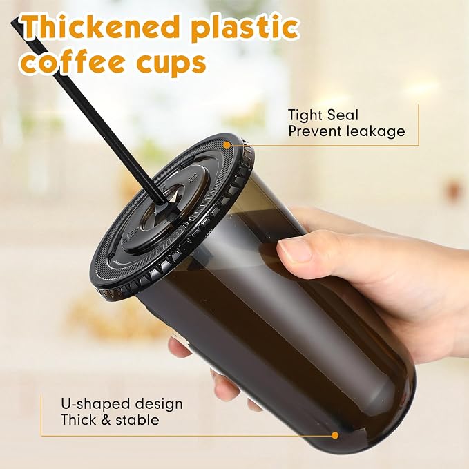 Ziliny 25 Set Black Plastic Cups with Lids and Straws, Disposable Iced Coffee PET Cups for Drinking Cold Beverage Juice Parfait Smoothie Milkshake Coffee Shops Party Supplies (18 oz)
